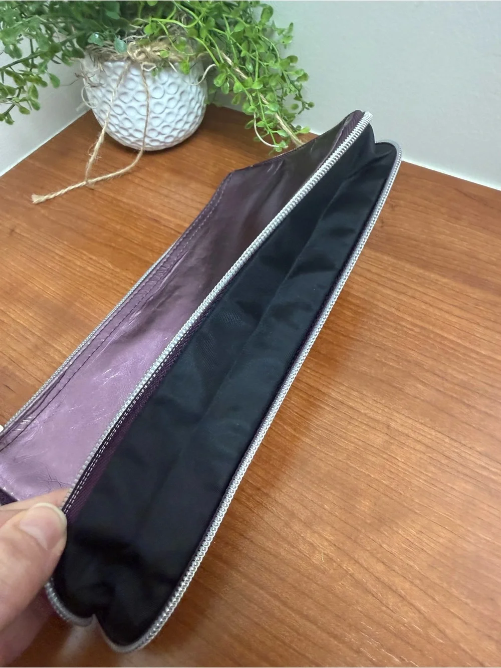 Lancome Plum Patent Leather Wristlet Clutch Makeup Zipper Bag